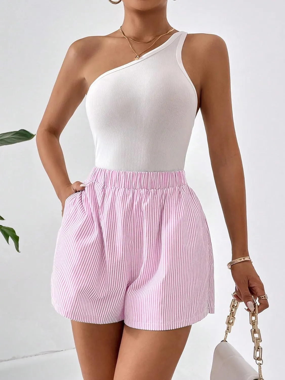 COZYEASE Women's Striped Print Elastic High Waisted Shorts Casual Wide Leg Summer Boxer Shorts with Pockets