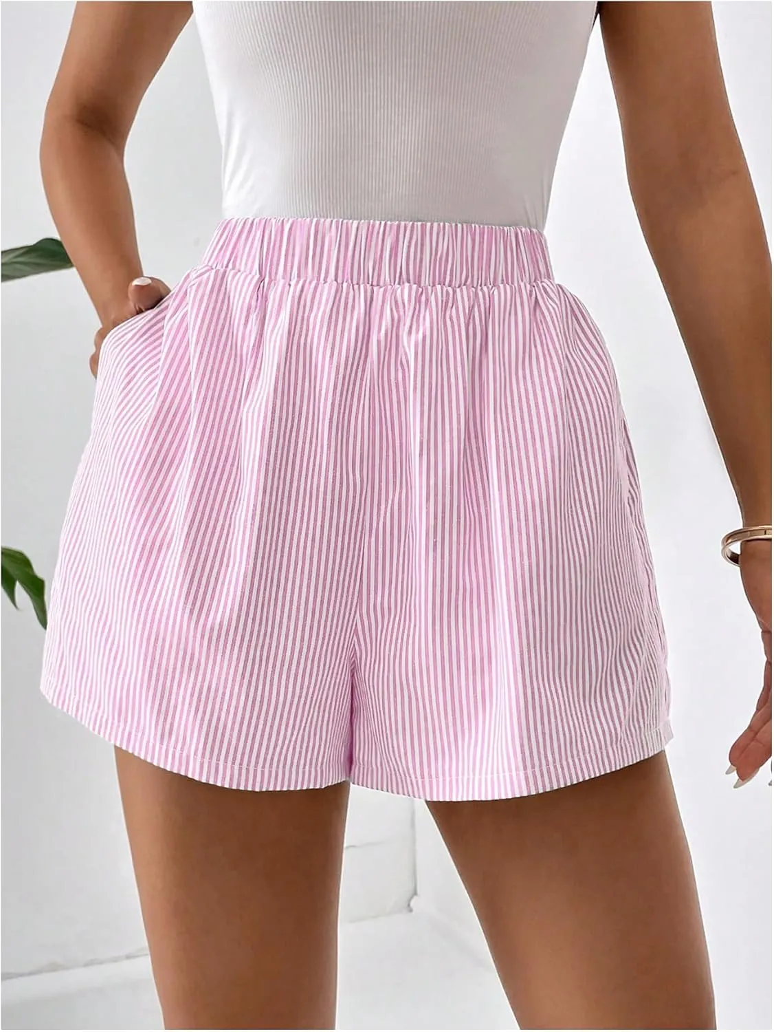 COZYEASE Women's Striped Print Elastic High Waisted Shorts Casual Wide Leg Summer Boxer Shorts with Pockets