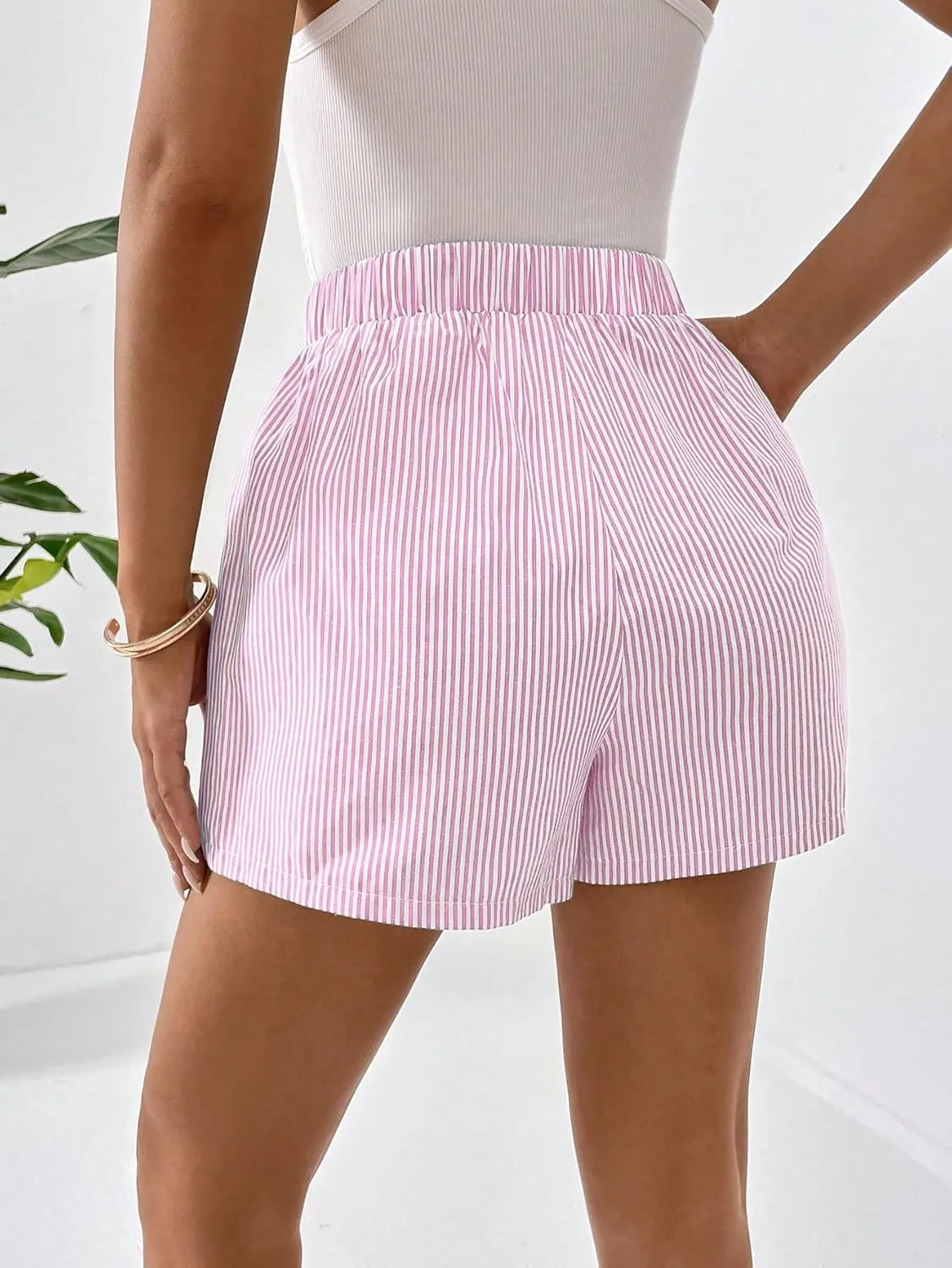 COZYEASE Women's Striped Print Elastic High Waisted Shorts Casual Wide Leg Summer Boxer Shorts with Pockets