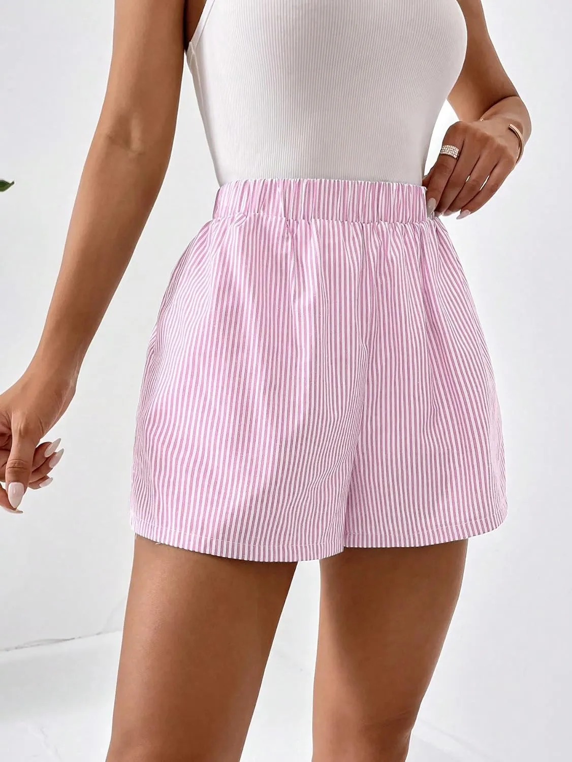 COZYEASE Women's Striped Print Elastic High Waisted Shorts Casual Wide Leg Summer Boxer Shorts with Pockets
