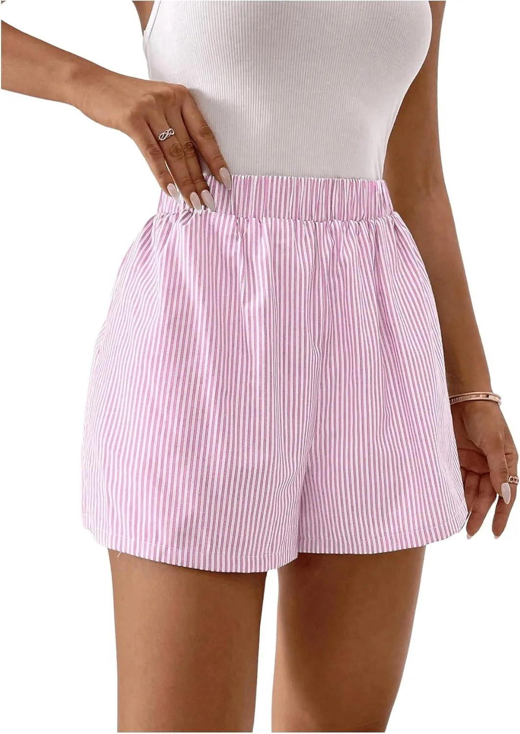 COZYEASE Women's Striped Print Elastic High Waisted Shorts Casual Wide Leg Summer Boxer Shorts with Pockets