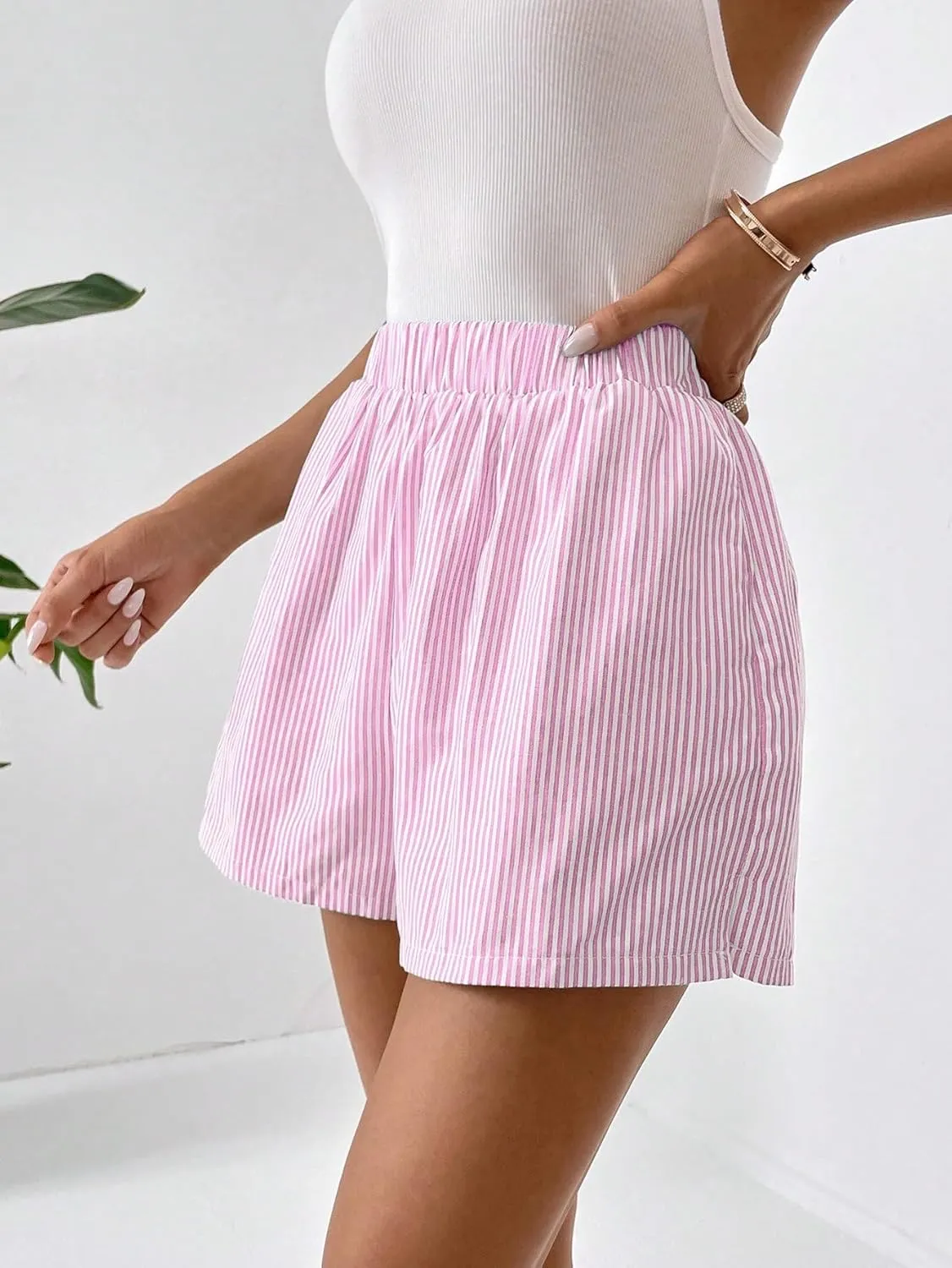 COZYEASE Women's Striped Print Elastic High Waisted Shorts Casual Wide Leg Summer Boxer Shorts with Pockets