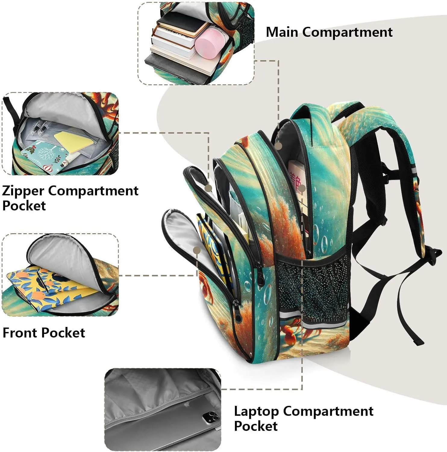 Crab Seabed Sunshine Kids Backpack for School Boys Girls Bookbag Elementary Primary Middle School Toddler Back Pack for Travel Nursery Outdoor S