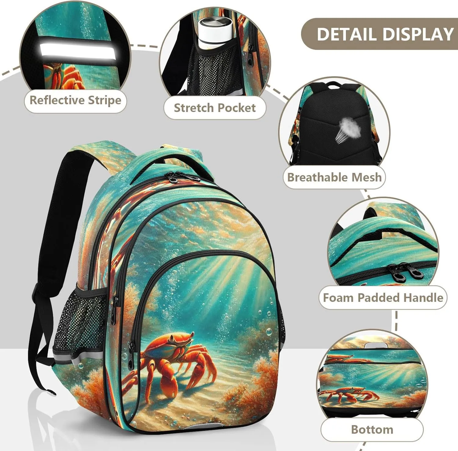 Crab Seabed Sunshine Kids Backpack for School Boys Girls Bookbag Elementary Primary Middle School Toddler Back Pack for Travel Nursery Outdoor S