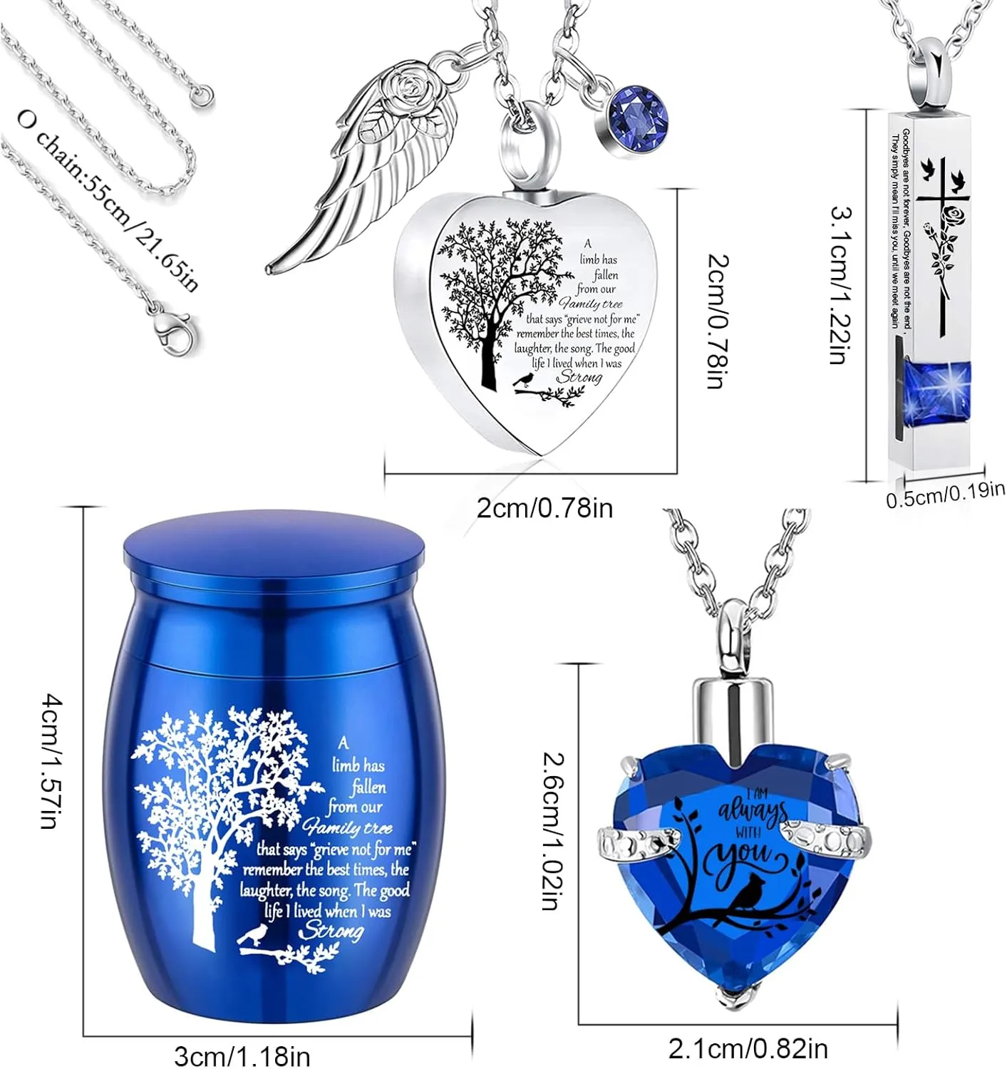 Cremation Urn Necklace for Ashes Set of 6- Small Cremation Urns for Human/Pet Ashes Keepsake Sharing Urns Memorial Ashes Holder-A Limb has Fallen from The Family Tree (6Pcs-Blue)