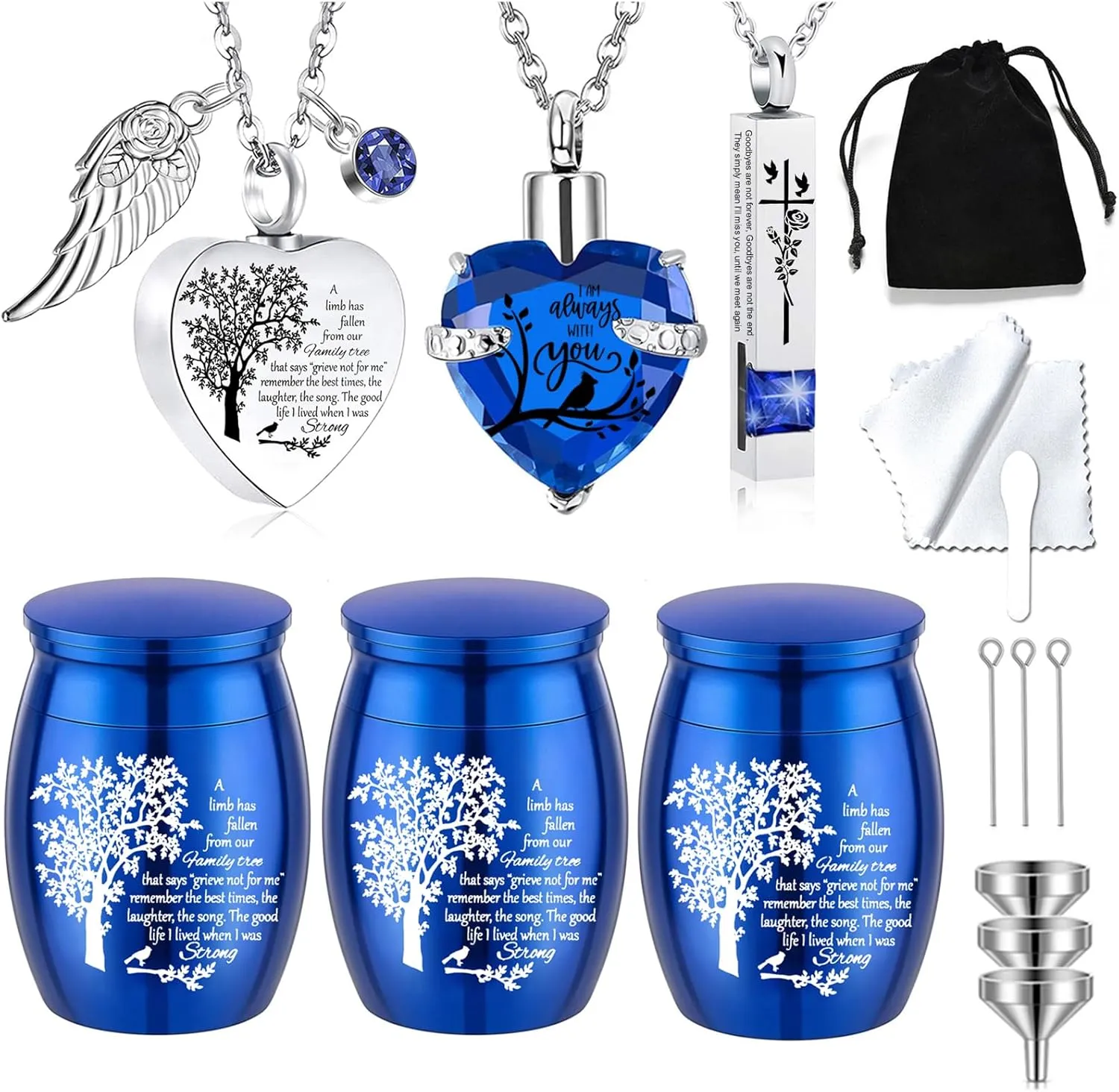 Cremation Urn Necklace for Ashes Set of 6- Small Cremation Urns for Human/Pet Ashes Keepsake Sharing Urns Memorial Ashes Holder-A Limb has Fallen from The Family Tree (6Pcs-Blue)