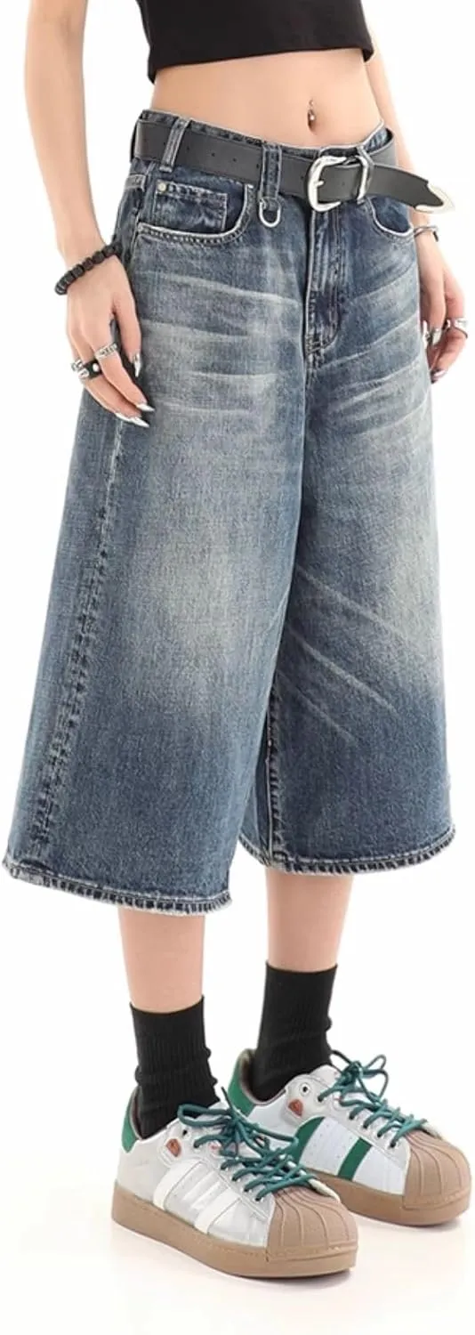 Cropped Jeans for Women Men High Waist Wide Leg Baggy Jorts Y2K Casual Denim Capris Pants Grunge Summer Clothes.