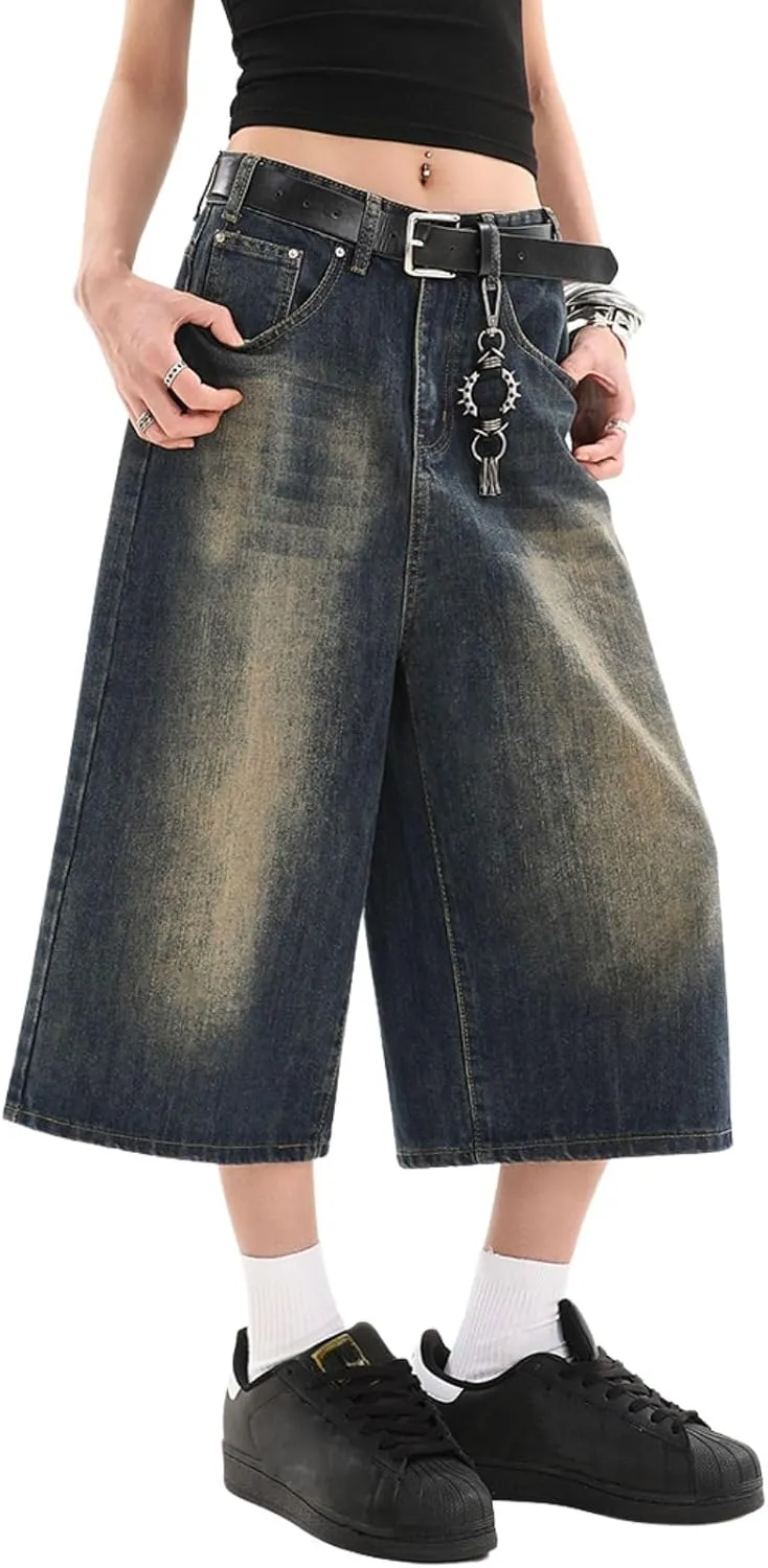 Cropped Jeans for Women Men High Waist Wide Leg Baggy Jorts Y2K Casual Denim Capris Pants Grunge Summer Clothes.