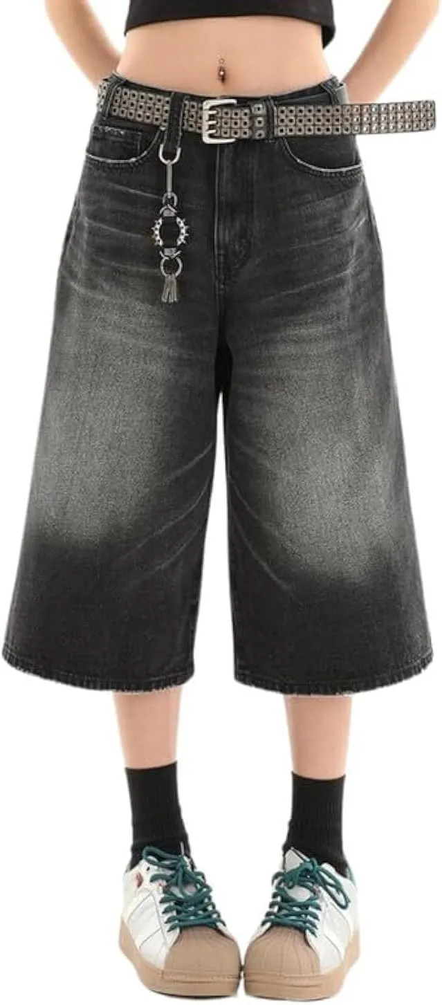 Cropped Jeans for Women Men High Waist Wide Leg Baggy Jorts Y2K Casual Denim Capris Pants Grunge Summer Clothes.