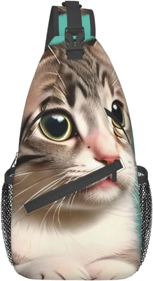 Cross chest bag diagonally A curious cat picture Suitable For Men And Women outdoor hiking Work Daily travel trips, Black, One Size