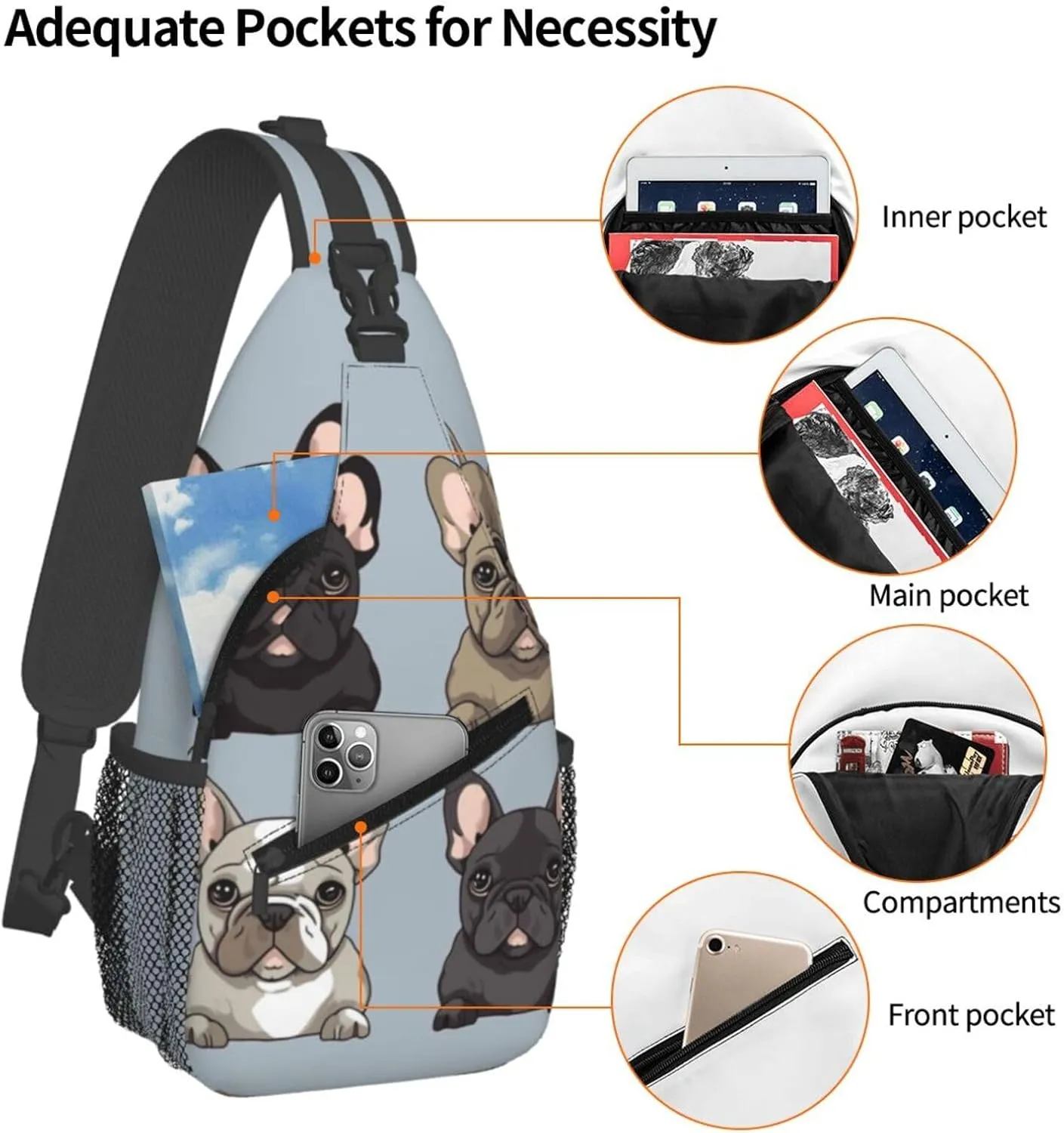 Cross Chest Bag Diagonally Sling Backpack Crossbody Shoulder Bag french bulldog Sling Bag Travel Hiking Daypack
