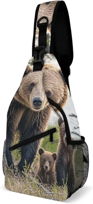 Cross Chest Bag Diagonally Sling Backpack Crossbody Shoulder Bags Mother Bear And Her Cubs Sling Bag Travel Hiking Daypack