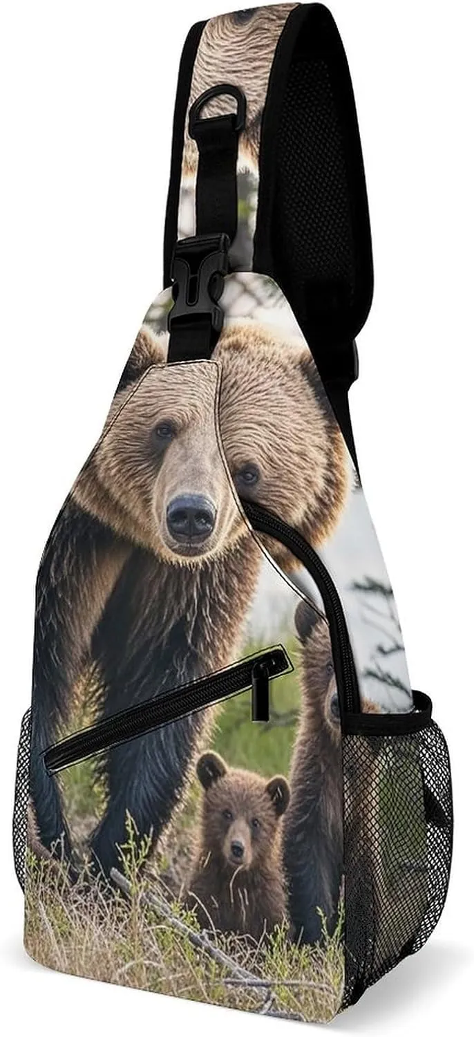 Cross Chest Bag Diagonally Sling Backpack Crossbody Shoulder Bags Mother Bear And Her Cubs Sling Bag Travel Hiking Daypack