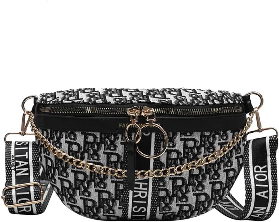 Crossbody Bags For Women, Small Shoulder Letters Chain Chest Bag Casual Phone Waist Fanny Pack Purse Bag (Black)