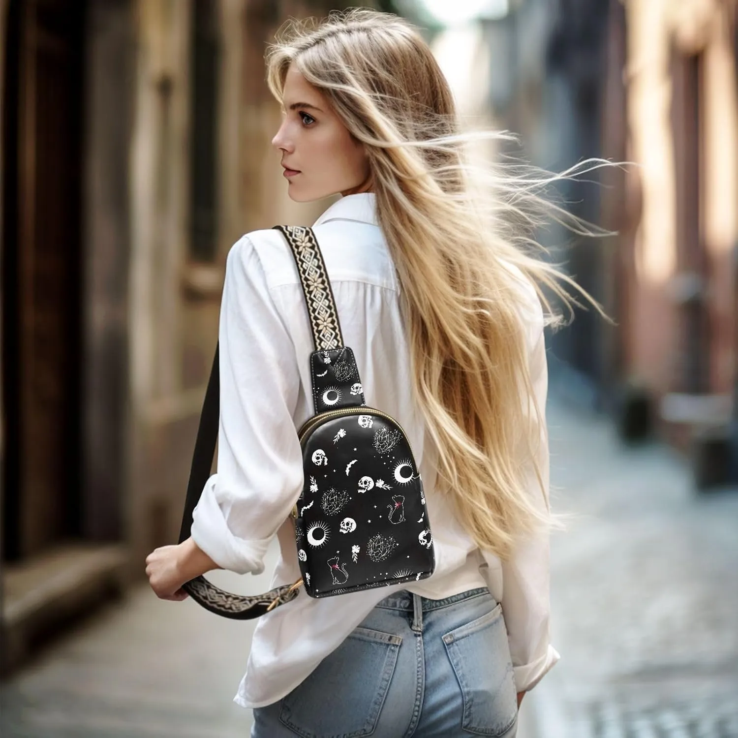 Crossbody Sling Bag for Women Leather Shoulder Chest Bag Small Fanny Pack for Hiking Travel