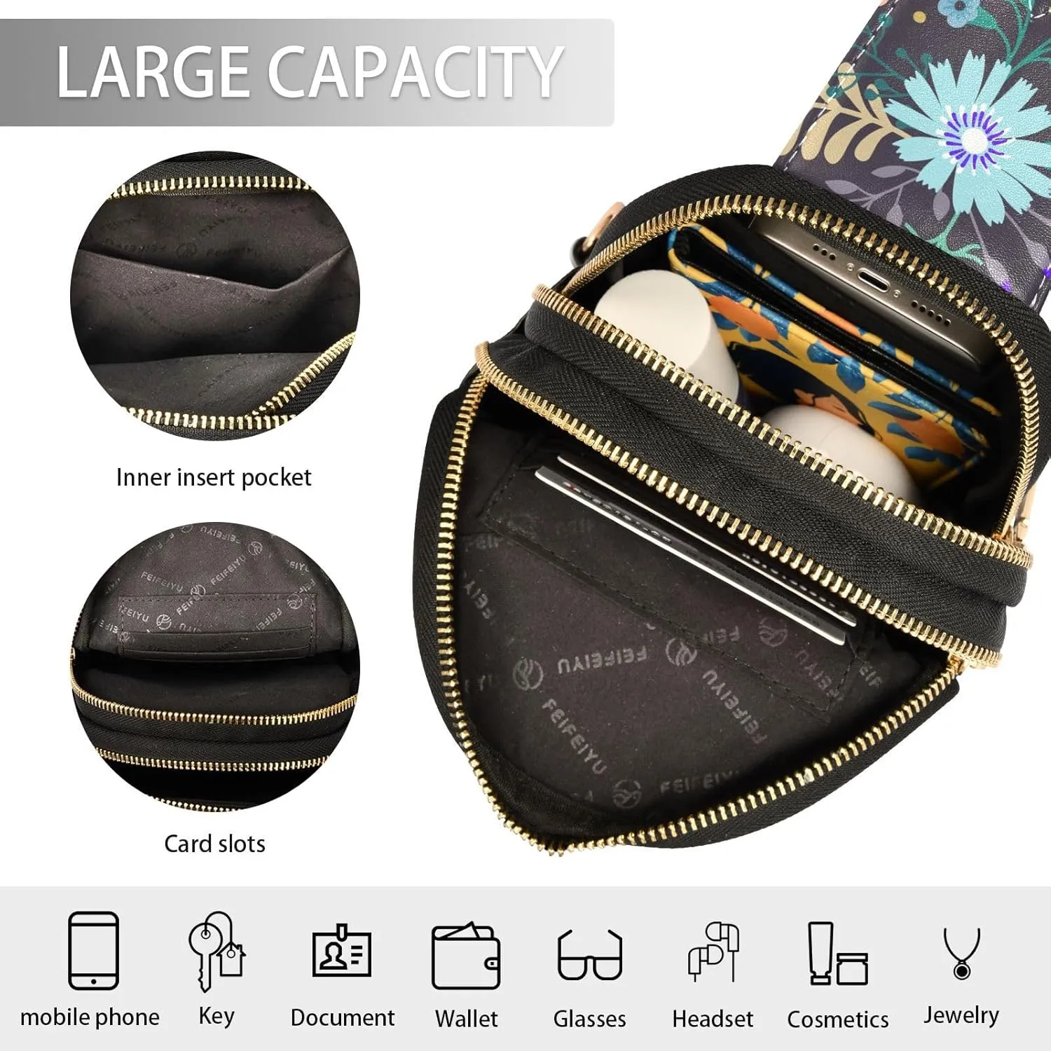 Crossbody Sling Bag for Women Leather Shoulder Chest Bag Small Fanny Pack for Hiking Travel