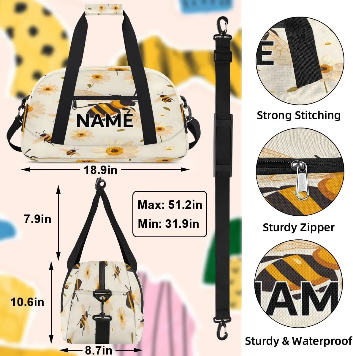 Custom Bee Daisy Small Gym Bag 18 inch for Women Men Personalized Spring Summer Carry On Overnight Weekender Bag for Travel Work Dance Sport