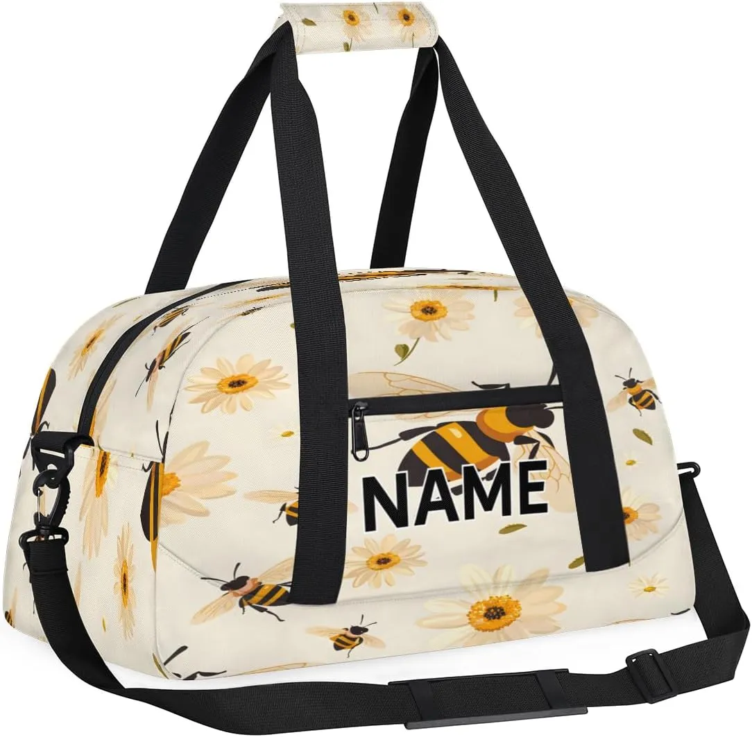 Custom Bee Daisy Small Gym Bag 18 inch for Women Men Personalized Spring Summer Carry On Overnight Weekender Bag for Travel Work Dance Sport
