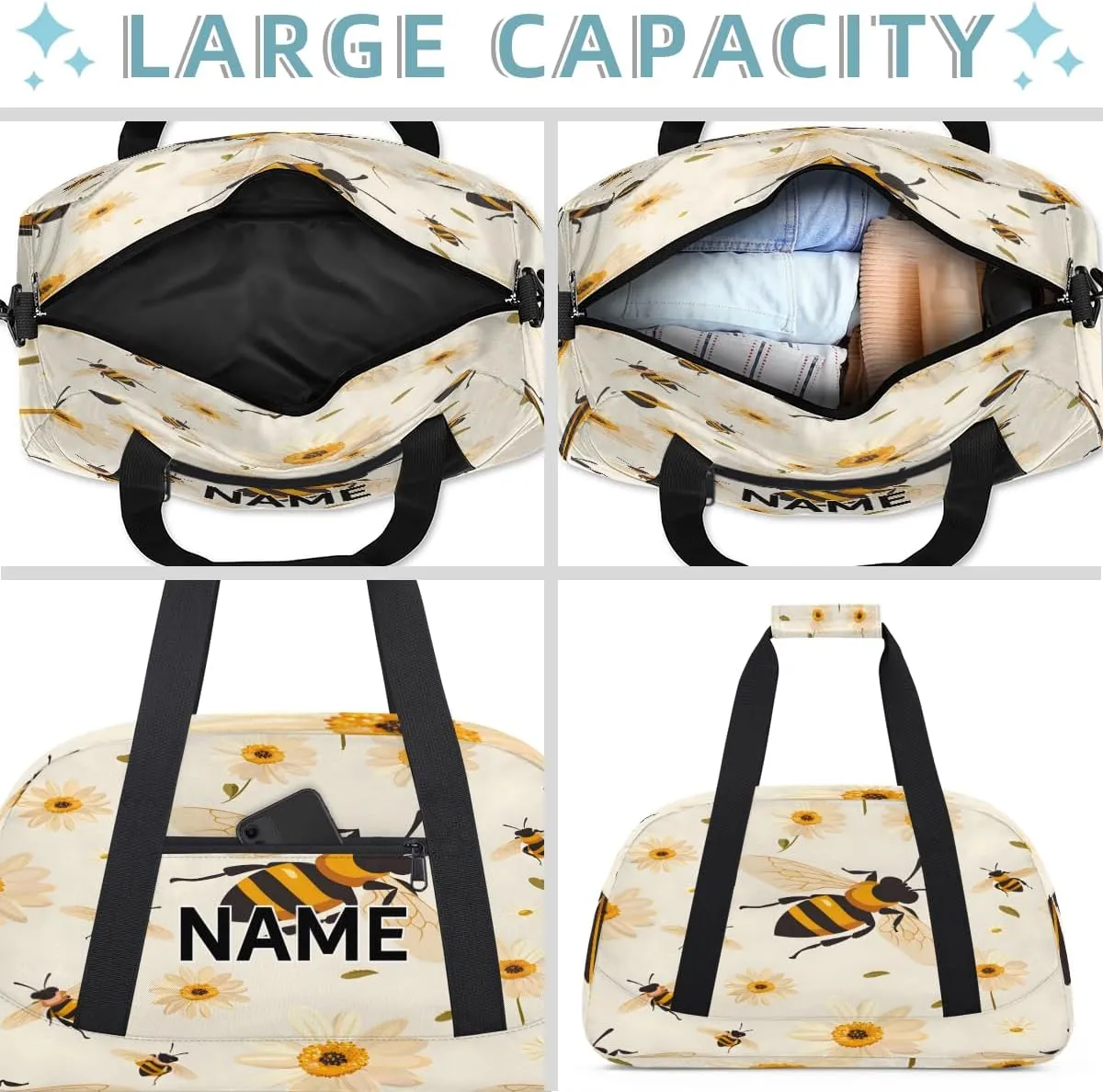Custom Bee Daisy Small Gym Bag 18 inch for Women Men Personalized Spring Summer Carry On Overnight Weekender Bag for Travel Work Dance Sport