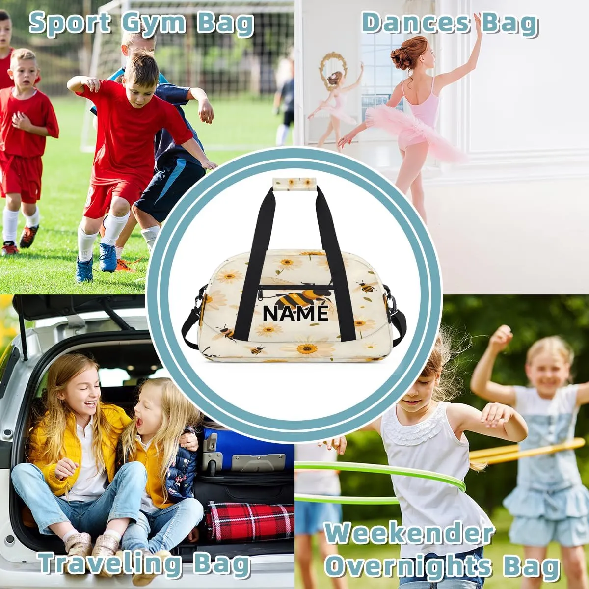 Custom Bee Daisy Small Gym Bag 18 inch for Women Men Personalized Spring Summer Carry On Overnight Weekender Bag for Travel Work Dance Sport