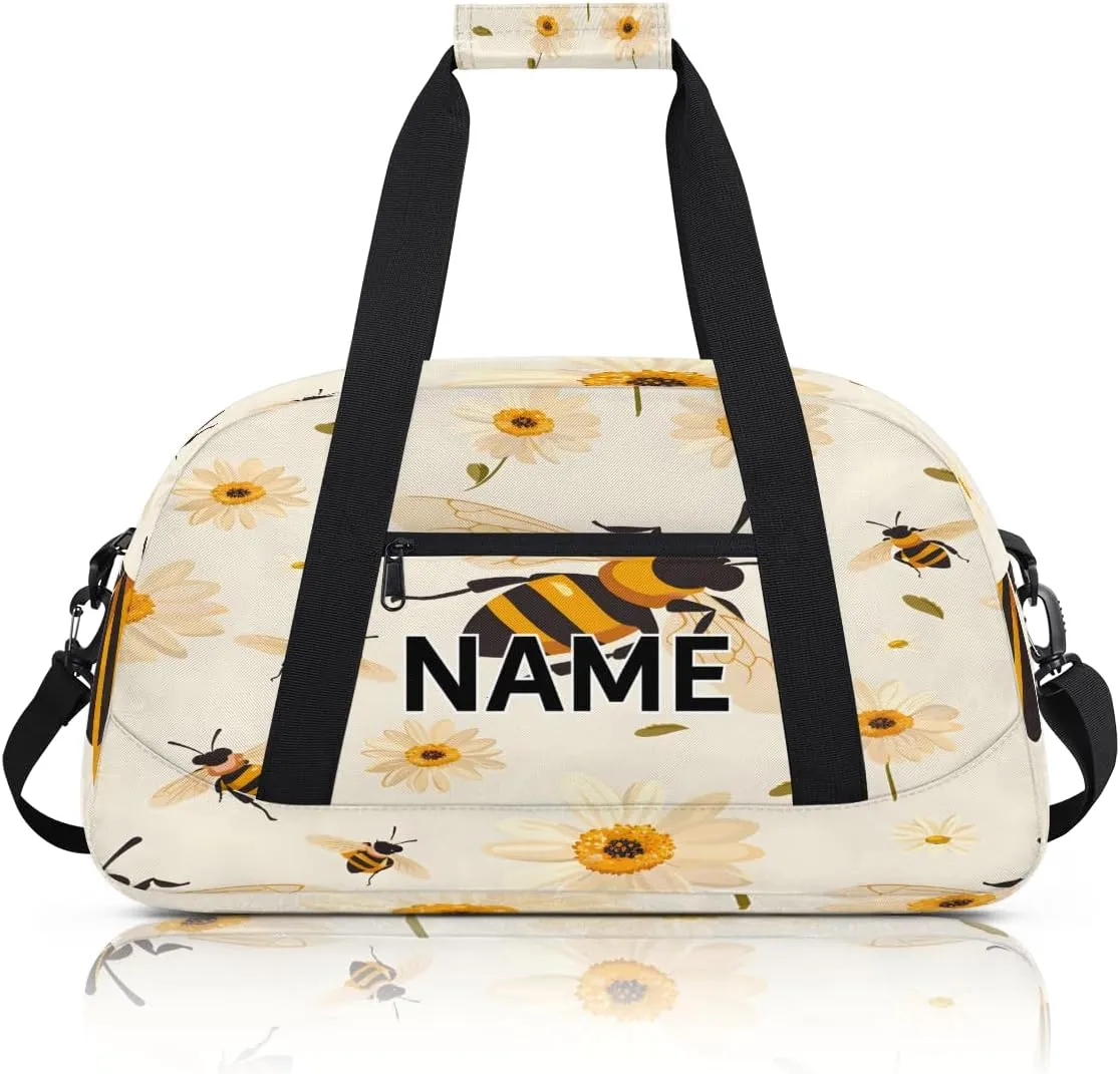 Custom Bee Daisy Small Gym Bag 18 inch for Women Men Personalized Spring Summer Carry On Overnight Weekender Bag for Travel Work Dance Sport