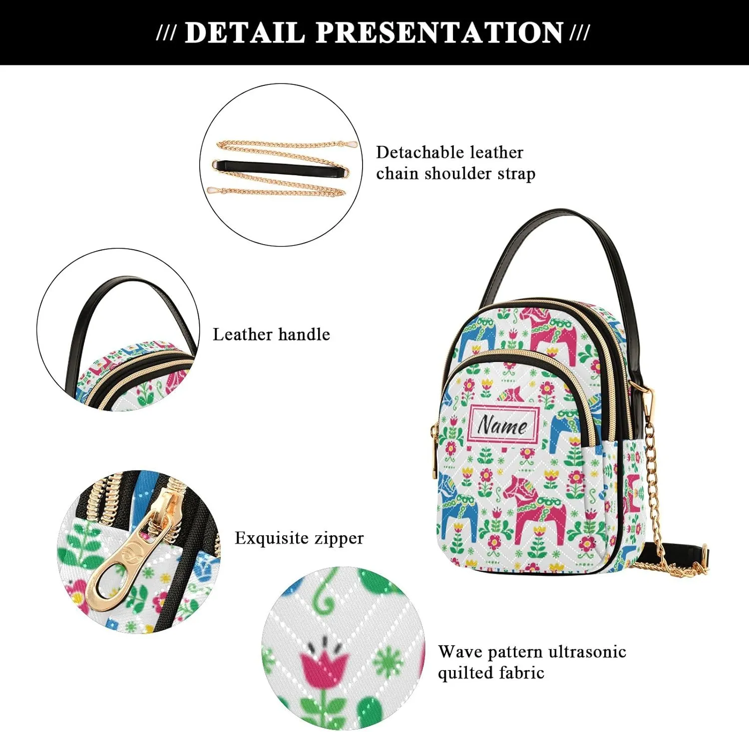 Custom Crossbody Bag for Women, Rainbow Unicorn Phone Purse Detachable Personalized Name Chain Bag Shoulder Handbag Wallet