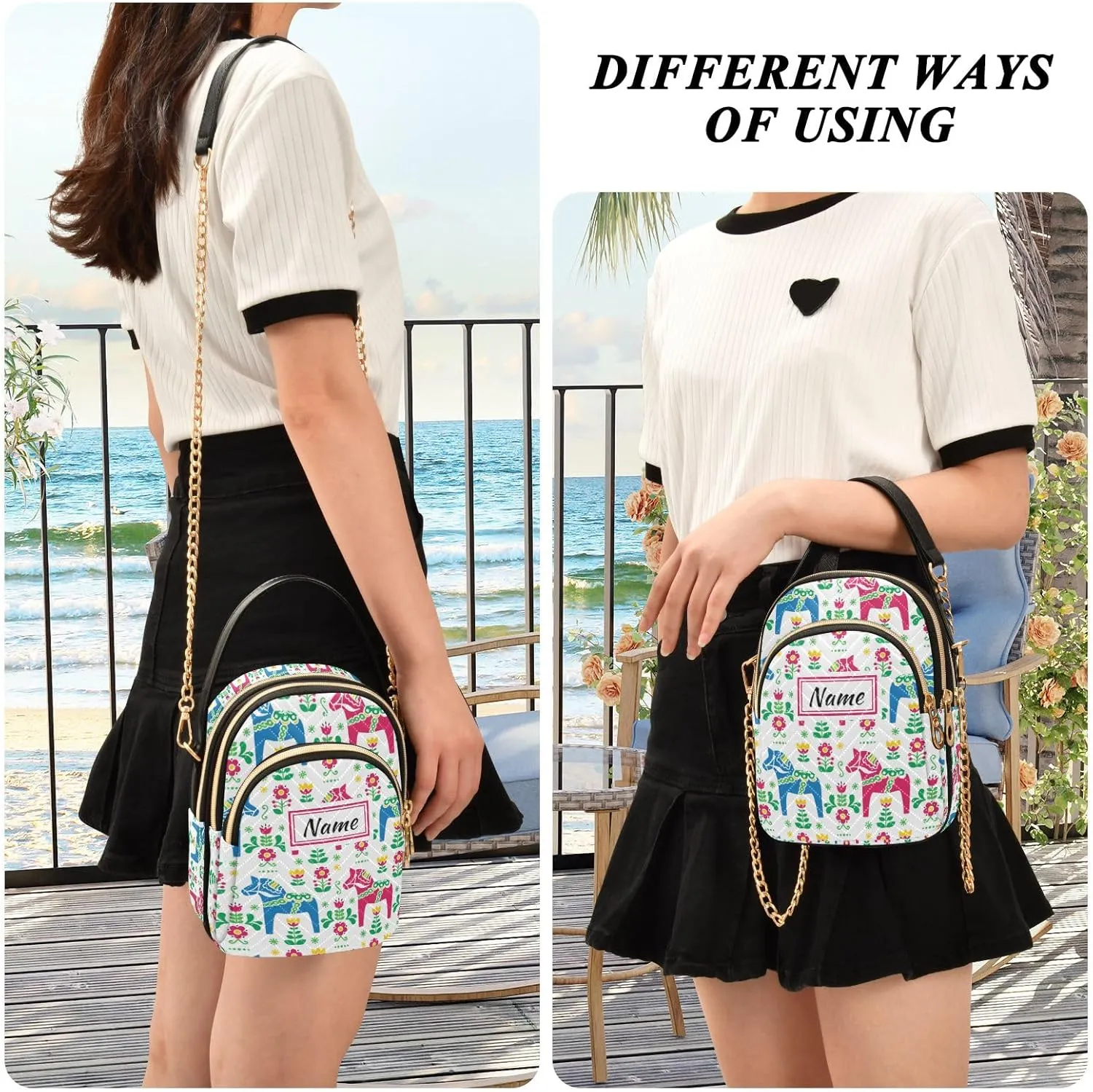 Custom Crossbody Bag for Women, Rainbow Unicorn Phone Purse Detachable Personalized Name Chain Bag Shoulder Handbag Wallet