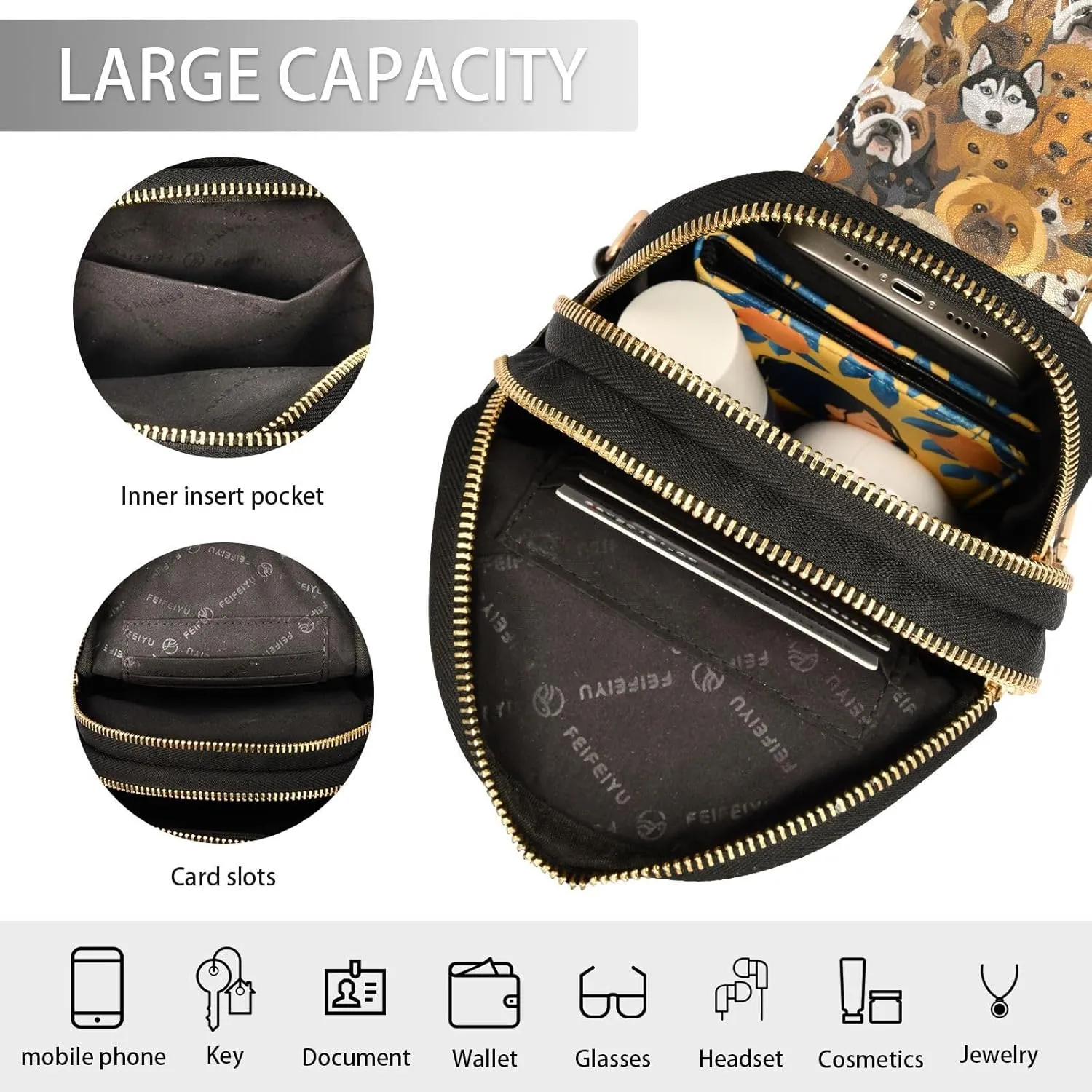 Cute Dog Face Waist Packs Fashion Sling Bags Leather Crossbody Bag with Strap for Womem Men