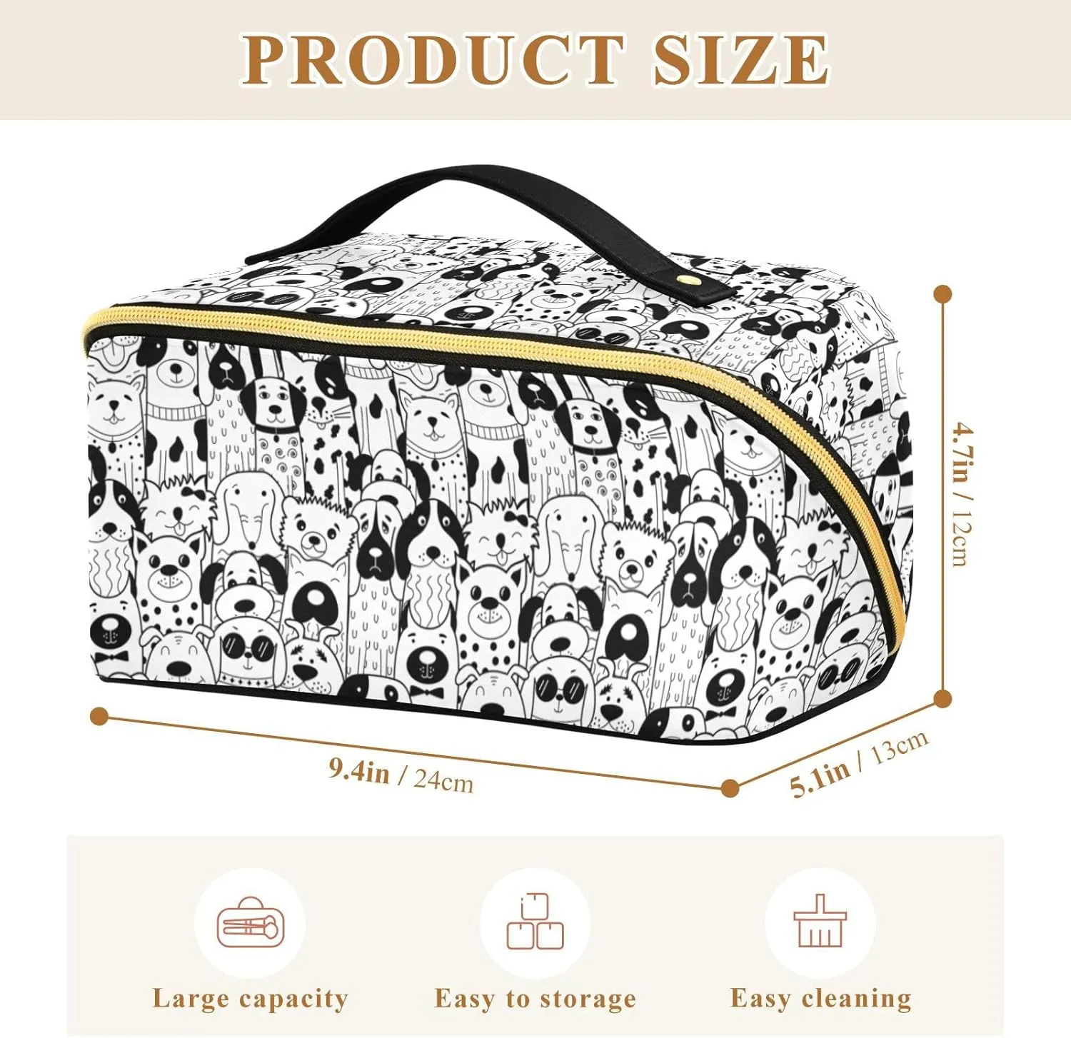 Cute Dog Large Capacity Cosmetic Bag Travel Makeup Bags with Large Opening and Handle Twill Cosmetic Organizer for Women