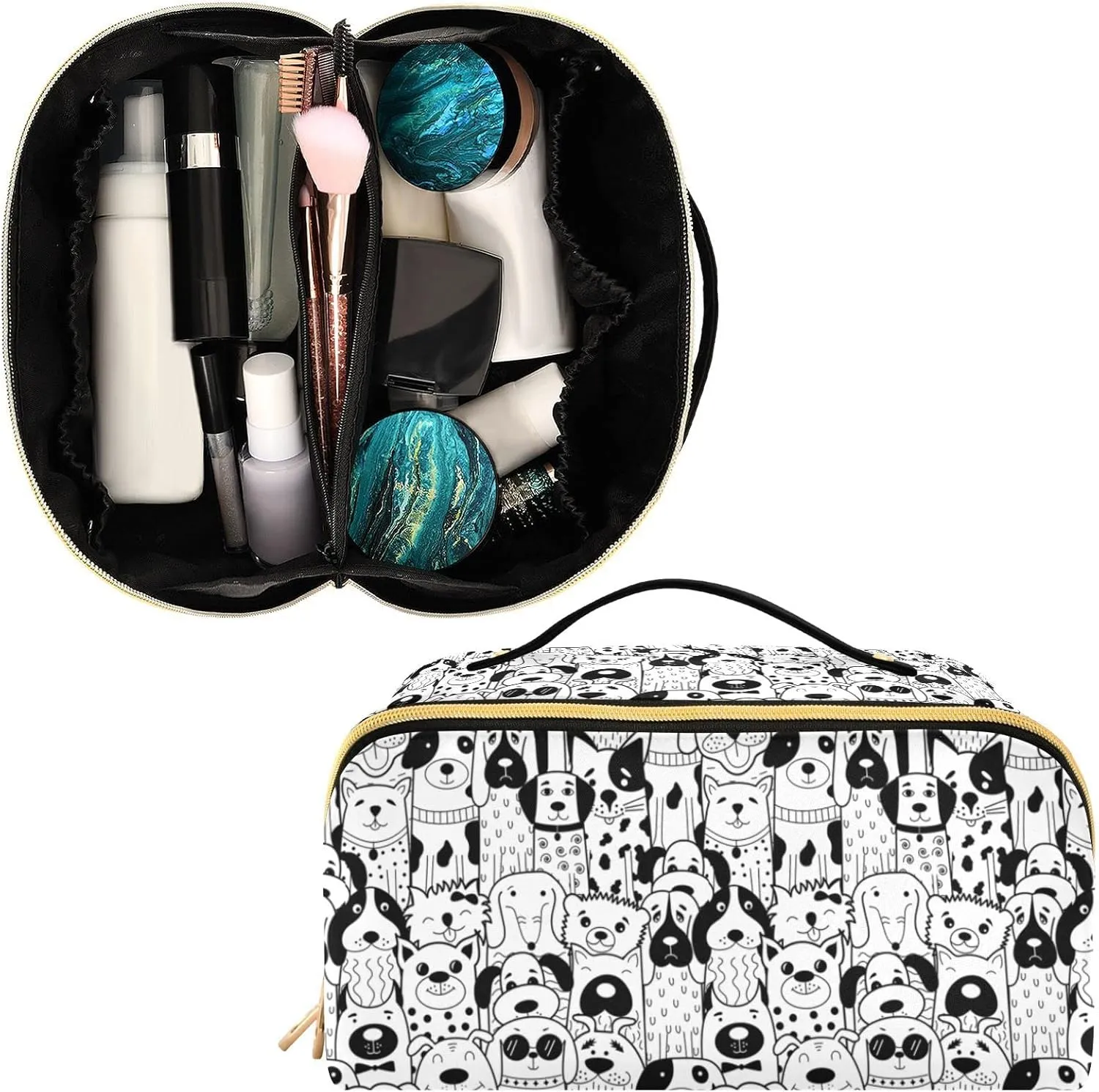 Cute Dog Large Capacity Cosmetic Bag Travel Makeup Bags with Large Opening and Handle Twill Cosmetic Organizer for Women