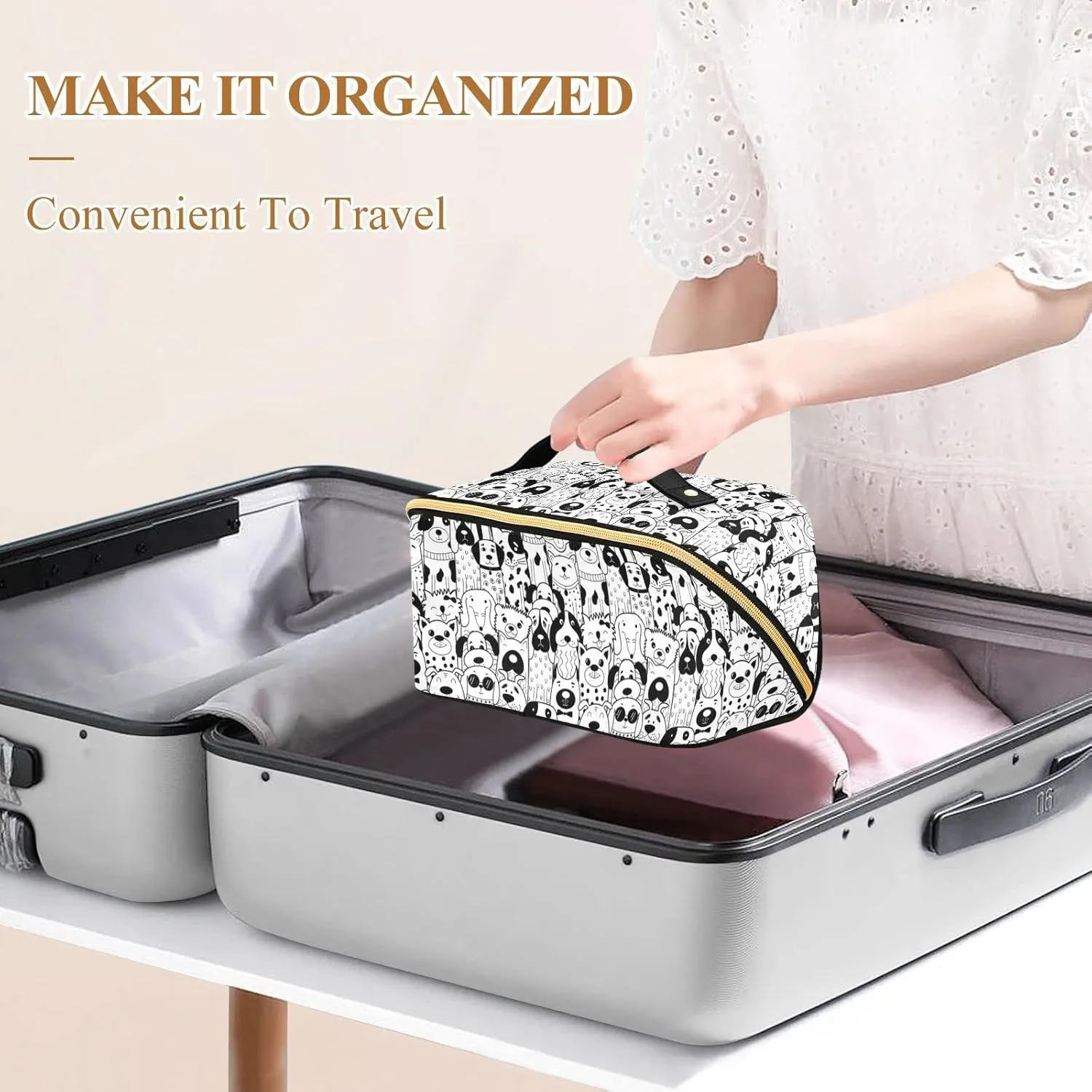 Cute Dog Large Capacity Cosmetic Bag Travel Makeup Bags with Large Opening and Handle Twill Cosmetic Organizer for Women