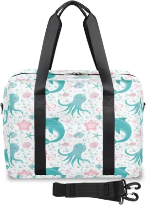 Cute Octopuses Dolphin Jellyfish Shell Fish Starfish Weekender Bag, Waterproof Travel Duffel Bags, Overnight Bags for Women, Duffel Bag with Trolley Sleeve, For Men Travel Business Gym Gift