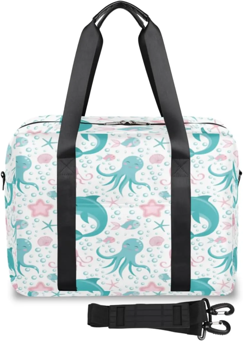 Cute Octopuses Dolphin Jellyfish Shell Fish Starfish Weekender Bag, Waterproof Travel Duffel Bags, Overnight Bags for Women, Duffel Bag with Trolley Sleeve, For Men Travel Business Gym Gift