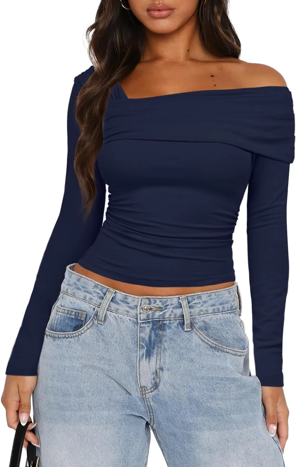 Darong Women's One Off Shoulder Long Sleeve Tops Ruched Going Out Crop Shirts Slim Fit Y2K Tee Blouse