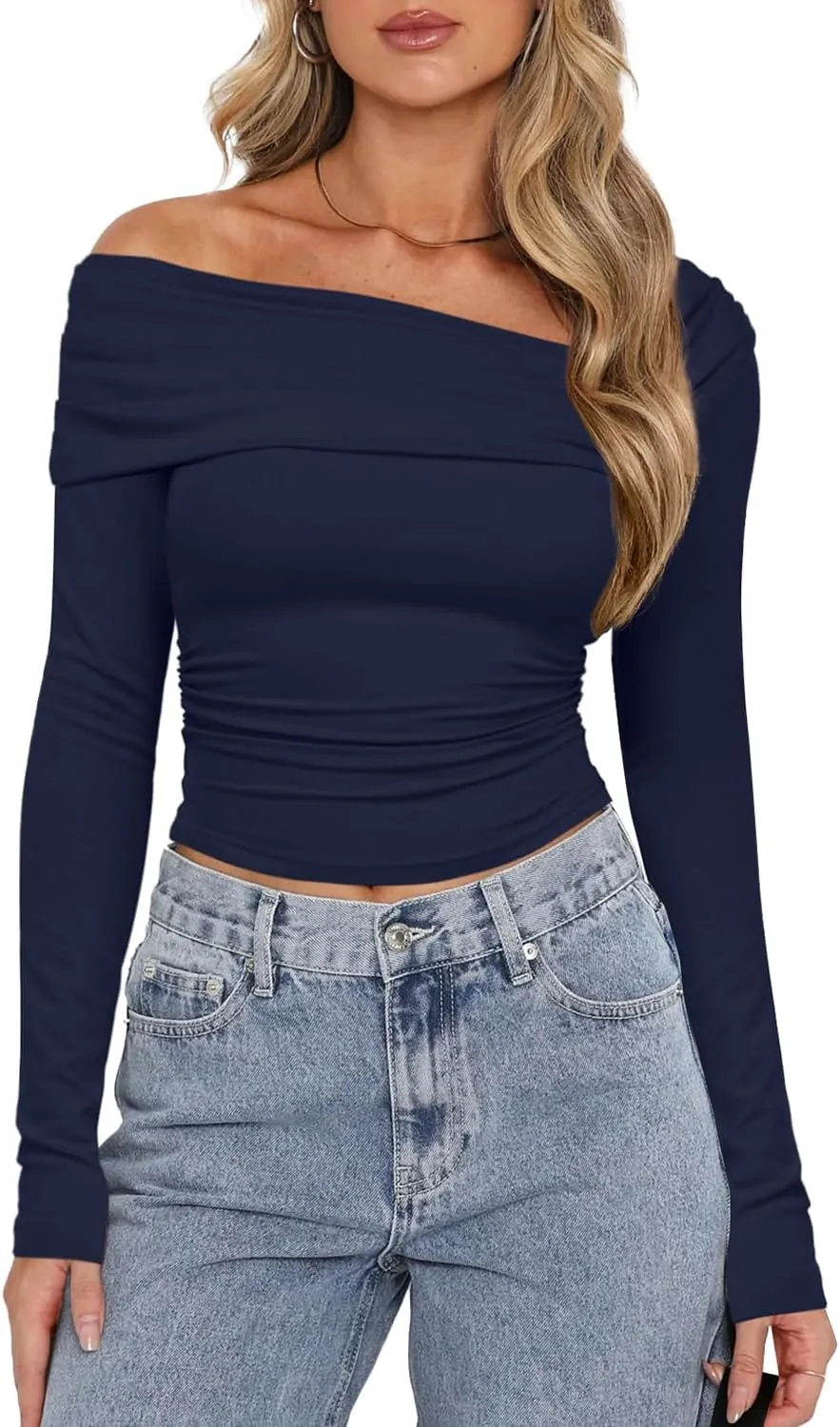 Darong Women's One Off Shoulder Long Sleeve Tops Ruched Going Out Crop Shirts Slim Fit Y2K Tee Blouse