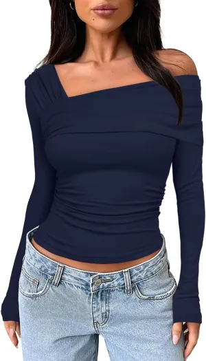 Darong Women's One Off Shoulder Long Sleeve Tops Ruched Going Out Crop Shirts Slim Fit Y2K Tee Blouse