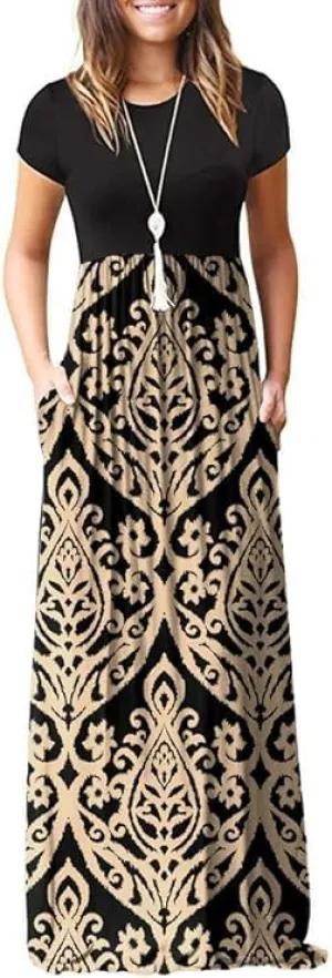 DEARCASE Maxi Dress for Women Short Sleeve Casual Summer Loose Plain Comfy Long Dresses with Pockets