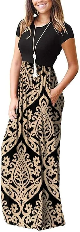 DEARCASE Maxi Dress for Women Short Sleeve Casual Summer Loose Plain Comfy Long Dresses with Pockets