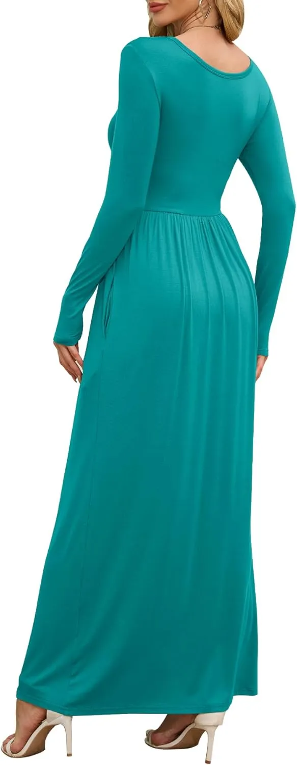 DEARCASE Women's Maxi Dress Long Sleeve Crewneck Loose Plain Casual Empire Waist Fall Party Long Dresses with Pockets