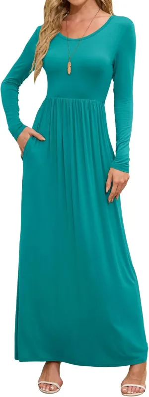 DEARCASE Women's Maxi Dress Long Sleeve Crewneck Loose Plain Casual Empire Waist Fall Party Long Dresses with Pockets