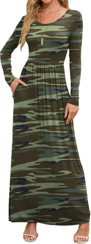 DEARCASE Women's Maxi Dress Long Sleeve Crewneck Loose Plain Casual Empire Waist Fall Party Long Dresses with Pockets