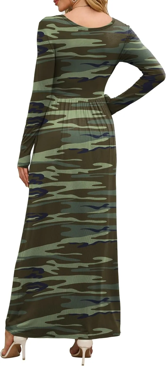 DEARCASE Women's Maxi Dress Long Sleeve Crewneck Loose Plain Casual Empire Waist Fall Party Long Dresses with Pockets