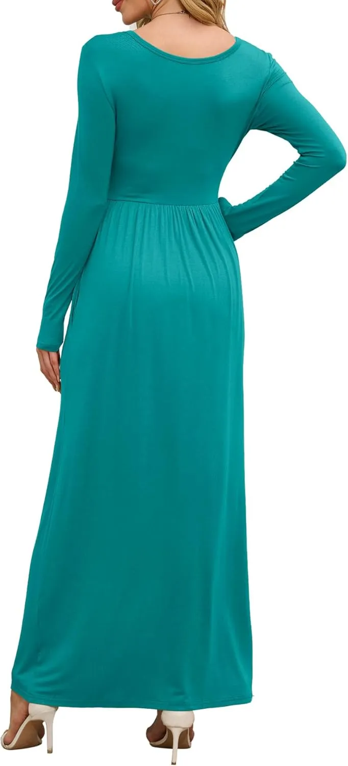 DEARCASE Women's Maxi Dress Long Sleeve Crewneck Loose Plain Casual Empire Waist Fall Party Long Dresses with Pockets