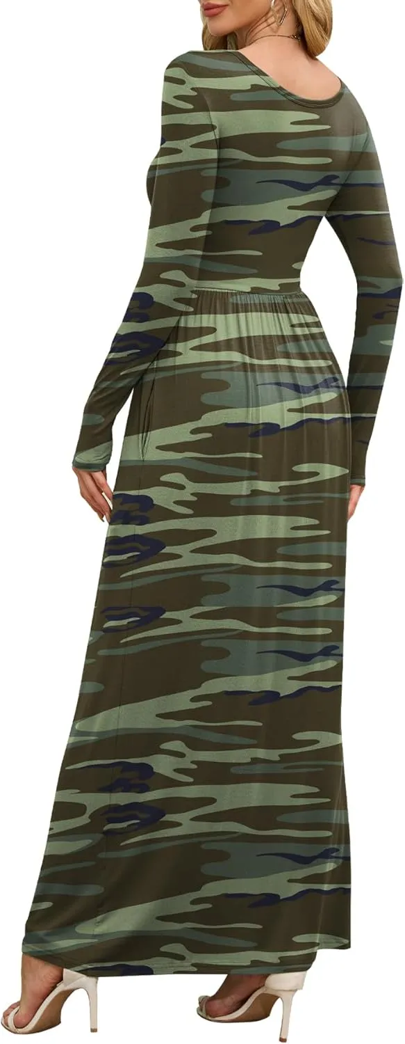 DEARCASE Women's Maxi Dress Long Sleeve Crewneck Loose Plain Casual Empire Waist Fall Party Long Dresses with Pockets