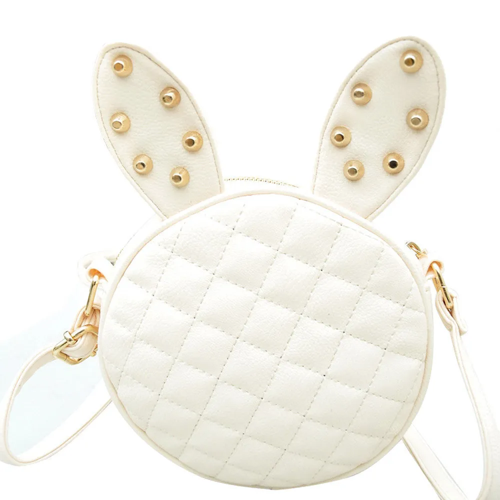 Delicate Women Girl Summer Cute Rabbit Ear Round PU Leather Body Mini Shoulder Messenger Bag Black Fast