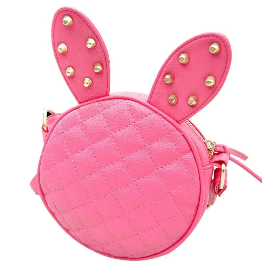 Delicate Women Girl Summer Cute Rabbit Ear Round PU Leather Body Mini Shoulder Messenger Bag Black Fast