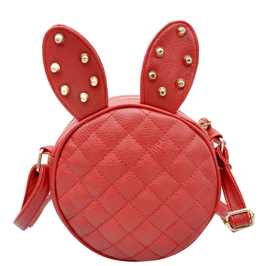 Delicate Women Girl Summer Cute Rabbit Ear Round PU Leather Body Mini Shoulder Messenger Bag Black Fast