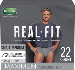 Depend Real Fit Incontinence Underwear for Men, Disposable, Maximum Absorbency, Small/Medium, Grey, 22 Count, Packaging May Vary