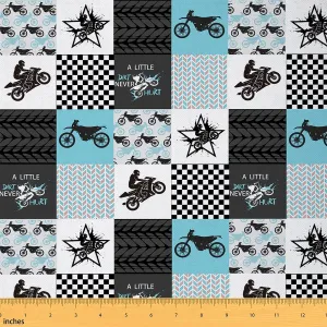 Dirt Bike Upholstery Fabric by The Yard, Extreme Sports Reupholstery Fabric for Chairs,Racing Motocross Rider Plaid Grid Room Decorative Fabric for Outdoor and Home DIY Projects, 1 Yard,