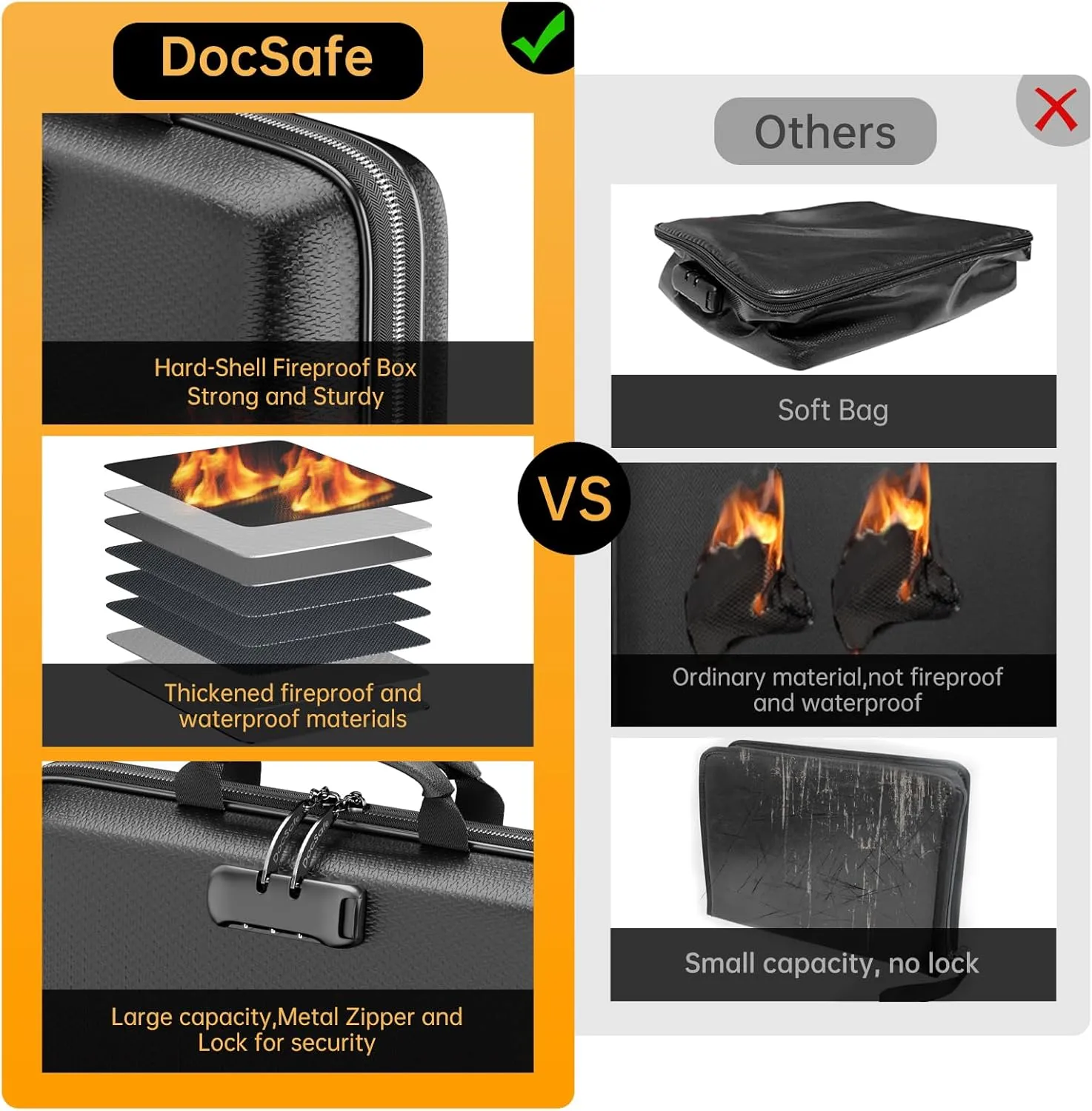 DocSafe Fireproof File Organizer with Lock, Hard-Shell Case Fireproof Document Box with 13 Pocket Accordion File Folder, Portable Home Office Travel Safe Storage for Important Documents Laptop Black